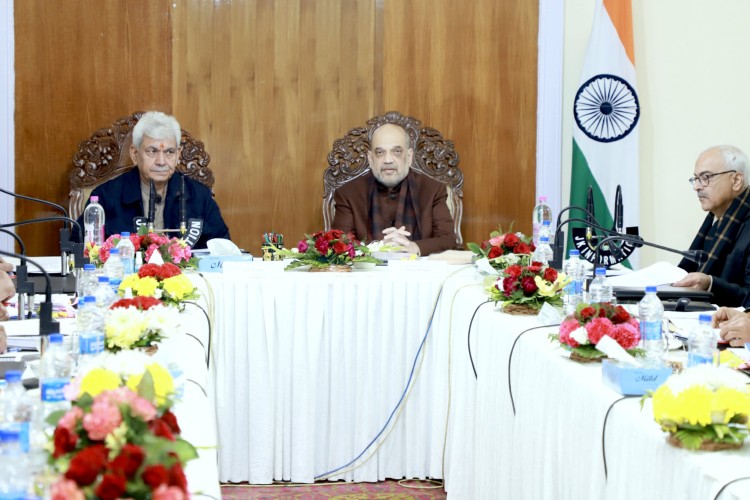 Home minister Amit Shah and Lt Governor Manoj Sinha chairing a meeting on security