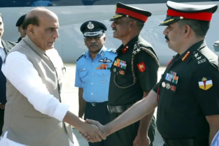 Defence Minister Rajnath Singh arrives at HAL airport in Bengaluru to attend 75th Army Day celebrations