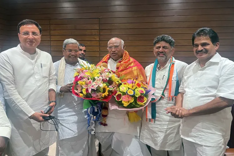 Congress President Mallikarjun Kharge being greeted after party winning the Karnataka elections