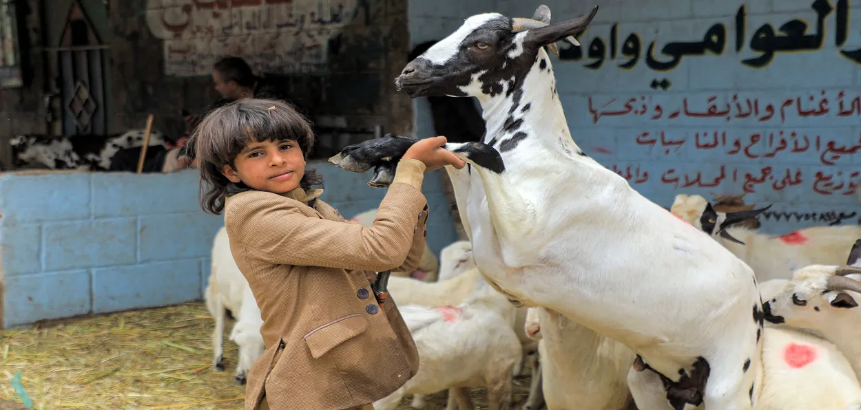 A Muslim boy with his goat