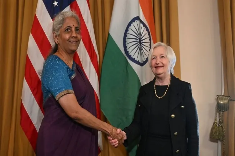 US Treasury Secretary, Janet Yellen at a press conference along with Finance Minister Nirmala Sitharaman