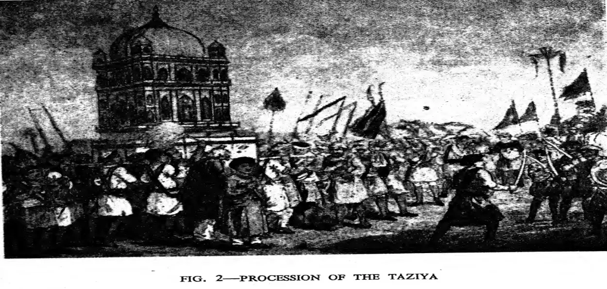 Taziya procession as depicted in  Thomas Duer Broughton's Book