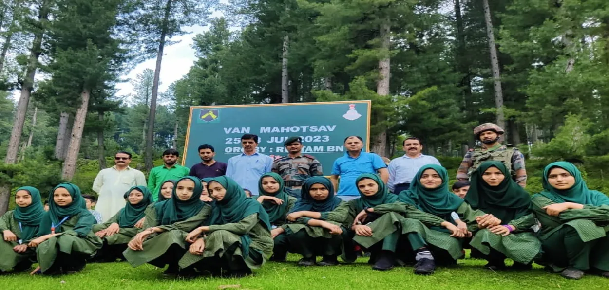 School girls in Kupwara, Kashmir, participating in tree plantation