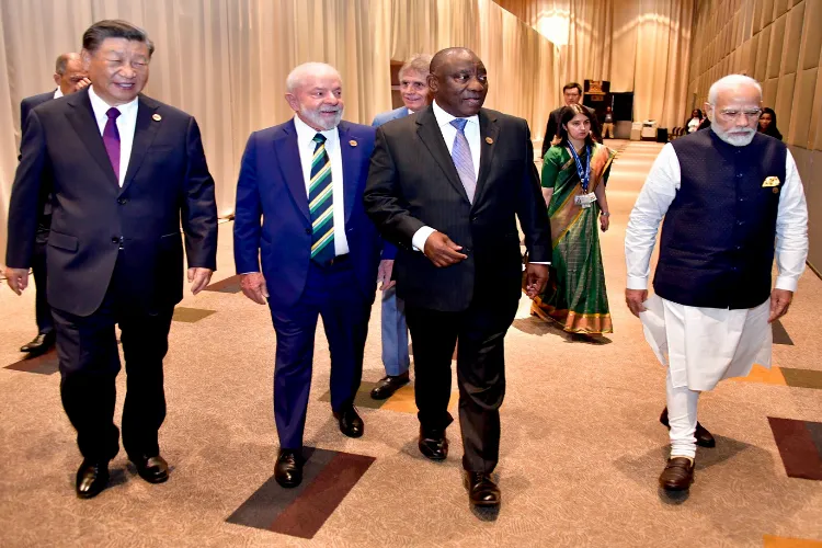  Prime Minister Narendra Modi with South African President Cyril Ramaphosa, Chinese President Xi Jinping. and Brazilian President Lula da Silva for the plenary session of the 15th BRICS Summit in Johannesburg