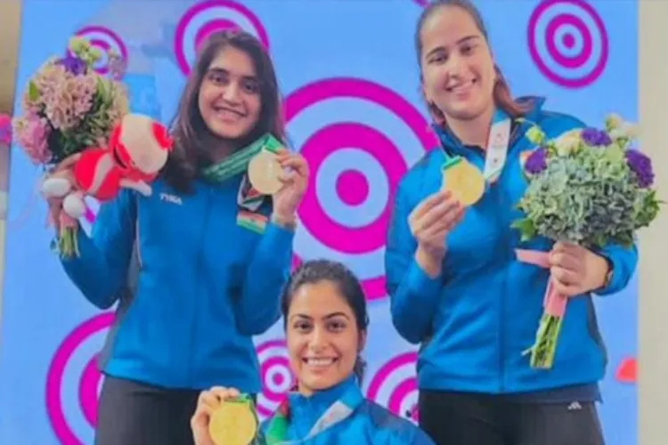 Indian team of Manu Bhaker, Esha Singh and Rhythm Sangwan