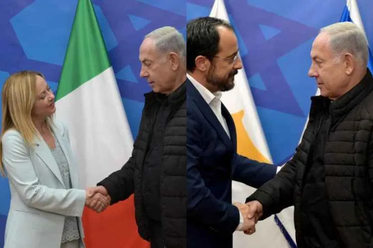 sraeli Prime Minister Benjamin Netanyahu meeting Italian PM Giorgia Meloni and Cypriot President Nikos Christodoulides 