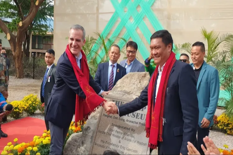 U.S. envoy to India Eric Garcetti with  Arunachal Pradesh Chief Minister Pema Khandu at the inauguration of the 'Hump World War- II' museum in East Siang