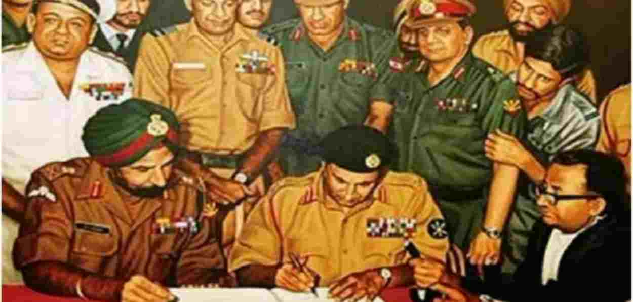 Pakistan Lt Gen A K Niyazi signing the surrender agreement before Lt General Jagjit Singh Arora