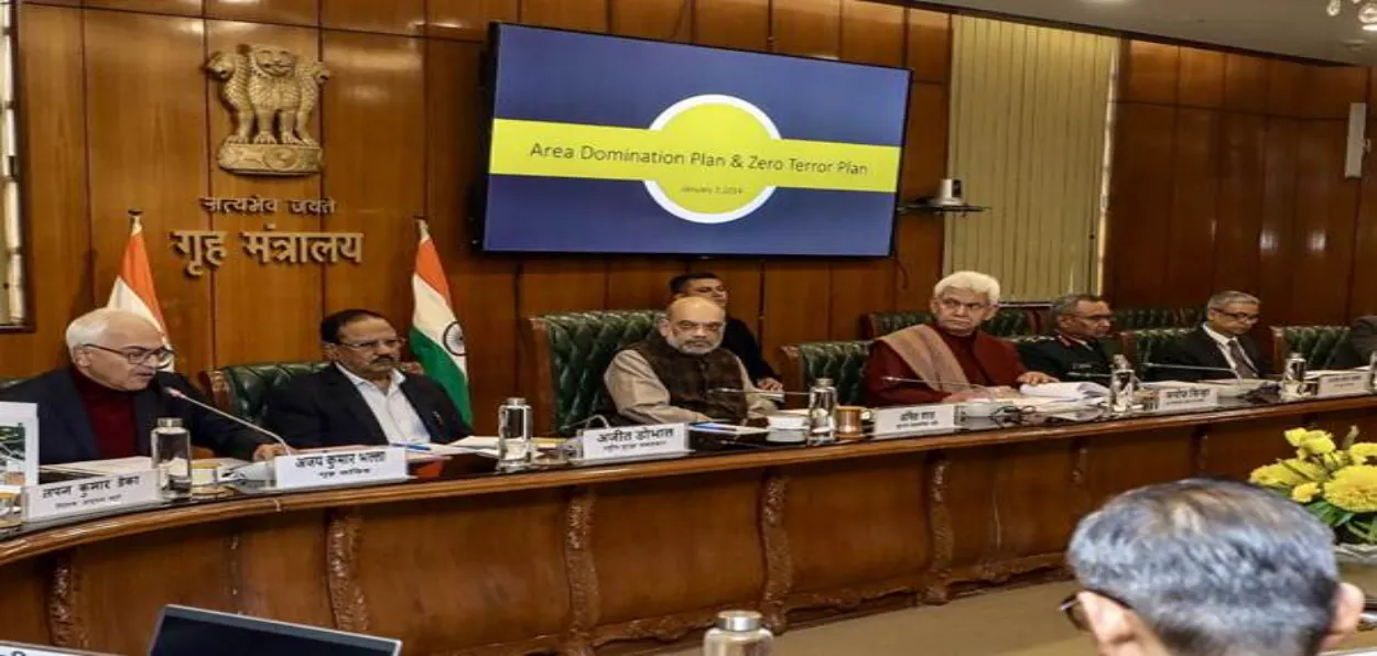 Home minister Amit Shah and NSA Ajit Doval with Lt Governor Manoj Sinha chairing a meeting on security situation in J&K