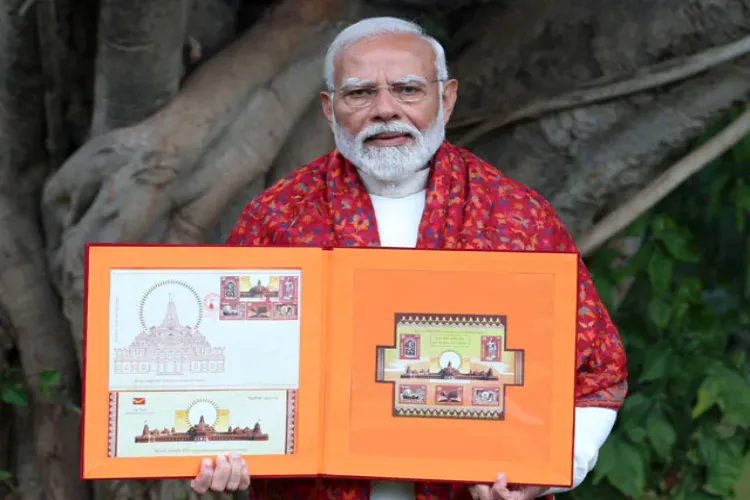 PM Modi releasing commemorative postage stamps on the Ram Temple of Ayodhya