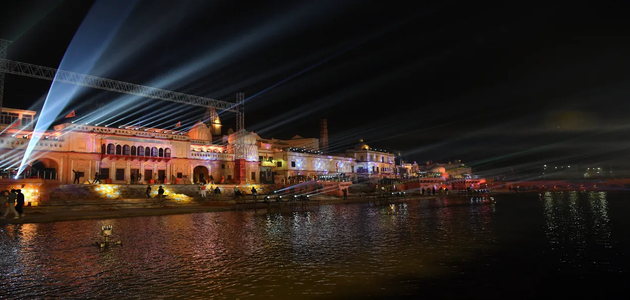 Laser show on Ram Mandir held on the Banks of Saryu in Ayodhya on the even of temple inauguration