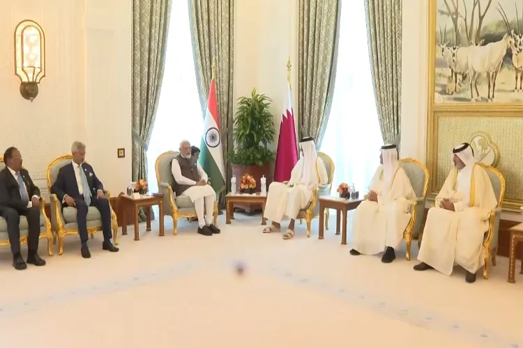 Prime Minister Narendra Modi with Amir of the State of Qatar, Sheikh Tamim bin Hamad Al Thani. EAM S Jaishankar and NSA Ajit Doval