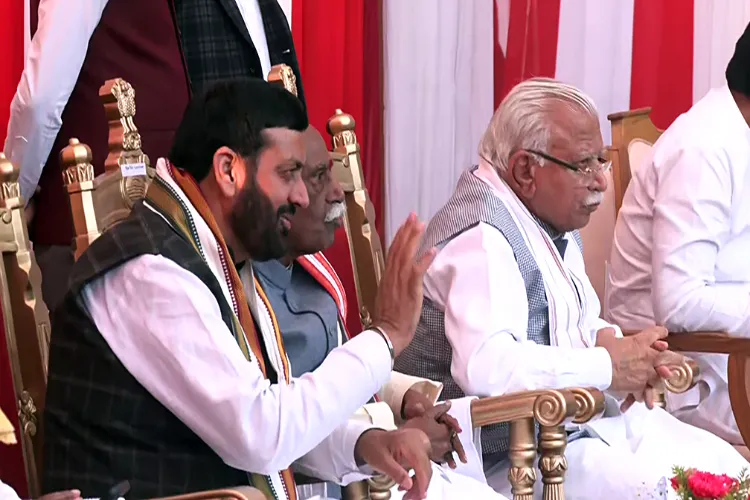 Haryana Chief Minister Nayab Singh Saini along with Governor Bandaru Dattatreya and former Haryana CM Manohar Lal Khattar during a swearing-in ceremony, at the Raj Bhavan in Chandigarh 