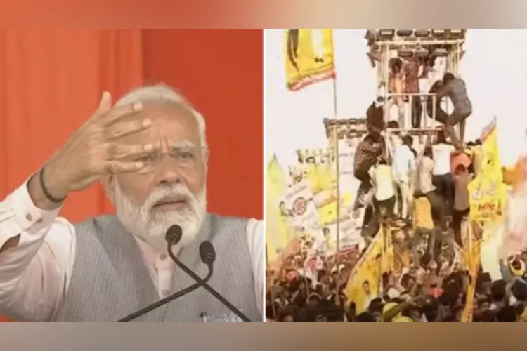 PM Narendra Modi urging persons to climb down from a tower, at a rally