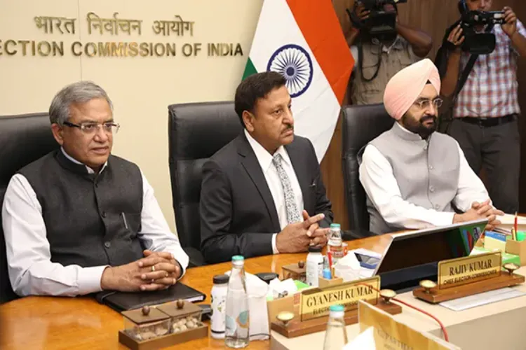 Chief Election Commissioner Rajiv Kumar, with Election Commissioners Gyanesh Kumar and Sukhbir Singh Sandhu