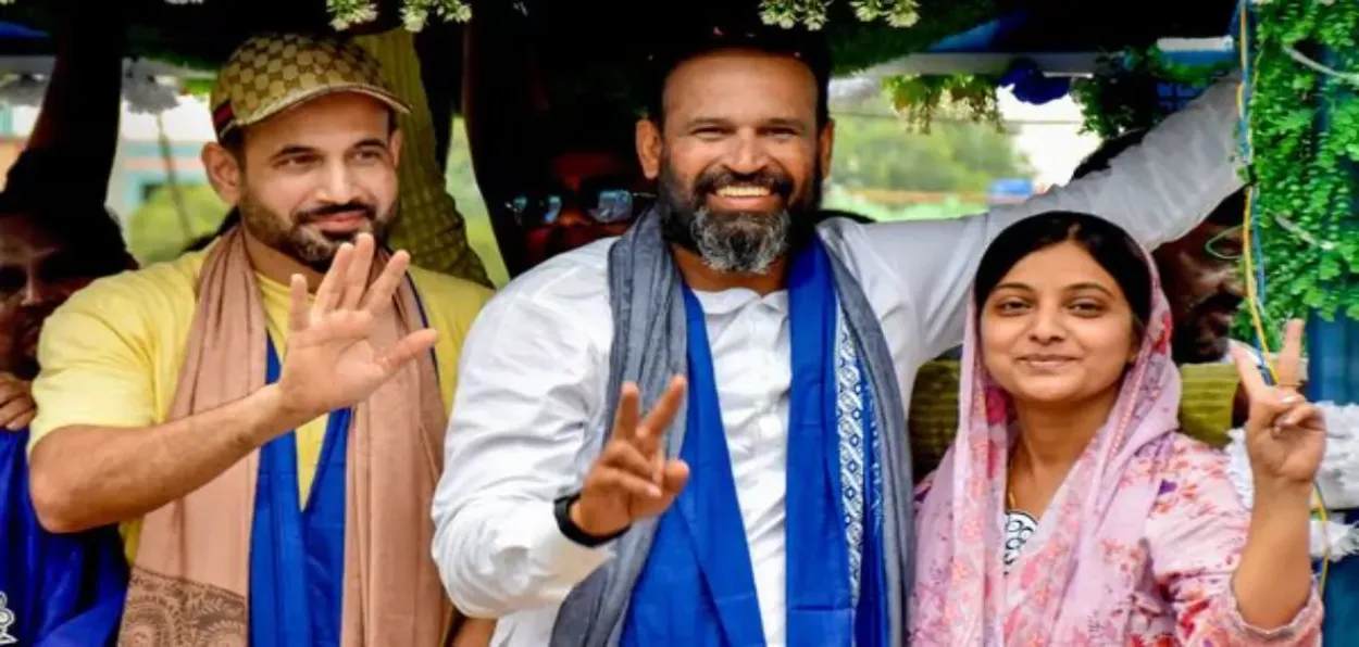 Cricketer Mohd Yusuf Pathan with his wife and brother Irfan pathan after winning election