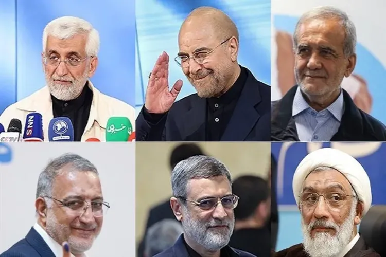 The six approved candidates for Iran’s Presidential election: Saeed Jalili, Mohammad Baqer Qalibaf, Masoud Pezeshkian, Mostafa Pourmohammadi, Amirhossein Ghazizadeh, and Alireza Zakani