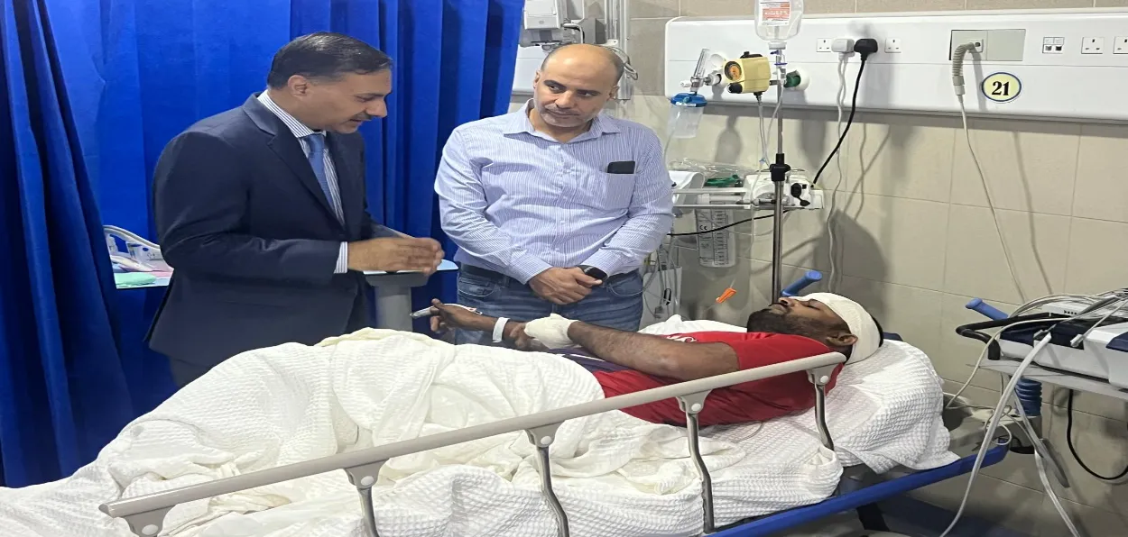 Indian ambassadot to Kuwait Adarsh Swaika at the hospital where Indiana injured in the mishap are being treated