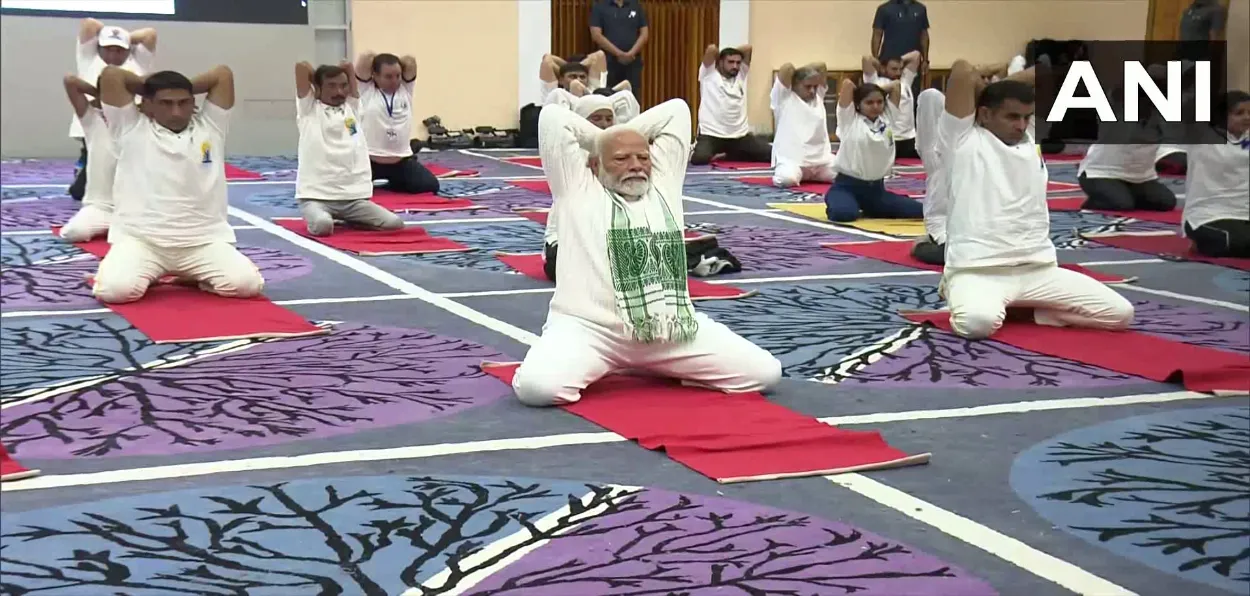 PM Narendra Modi performing Yoga inside SKICC, Srinagar