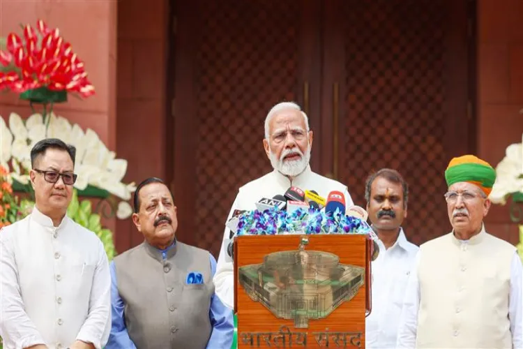 Prime Minister Narendra Modi speaking to media person outside Central Vista