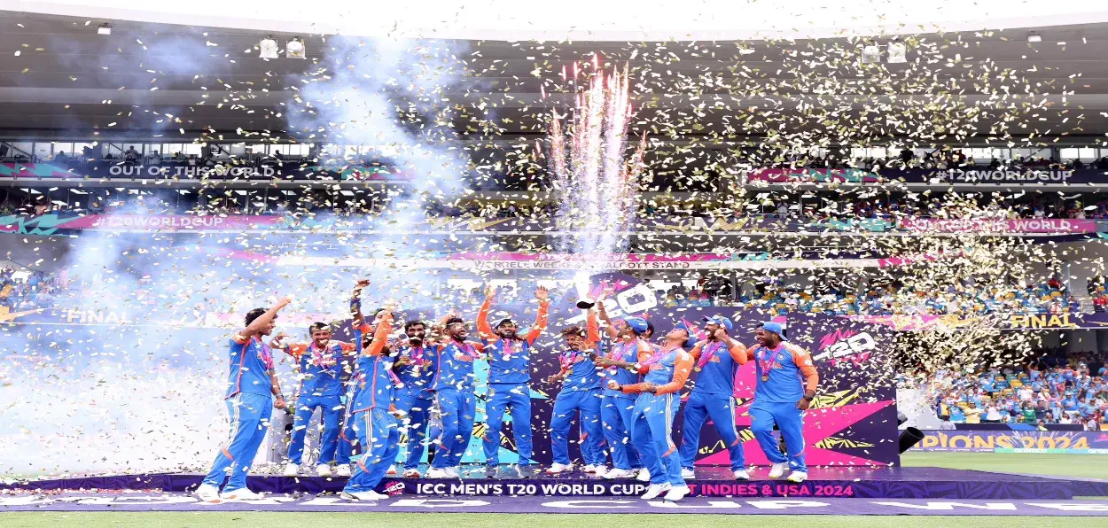 Team India celebrating its victory in Barbados stadium