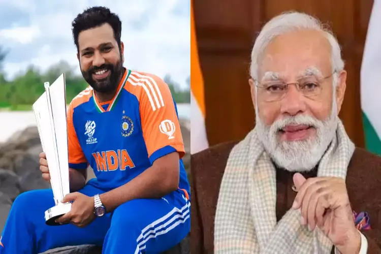 Prime Minister Narendra Modi and Indian Skipper Rohit Sharma withh  ICC T20 World Cup Trophy