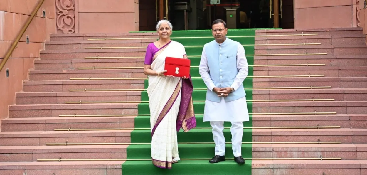 Finance Minister Nirmala Sitharaman with the budget document in her tablet at Parliament House