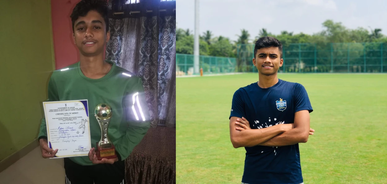 Rehan Ahmed with the Emerging Player of the Pilik Chowdhury Inter-School Football Tournament trophy and Rehan Ahmed on the field