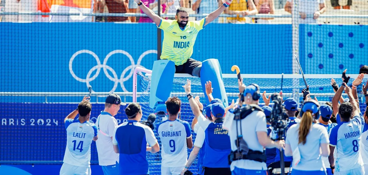 Goalkeeper of the Indian Hockey team S Sreejesh poses for camera after the match