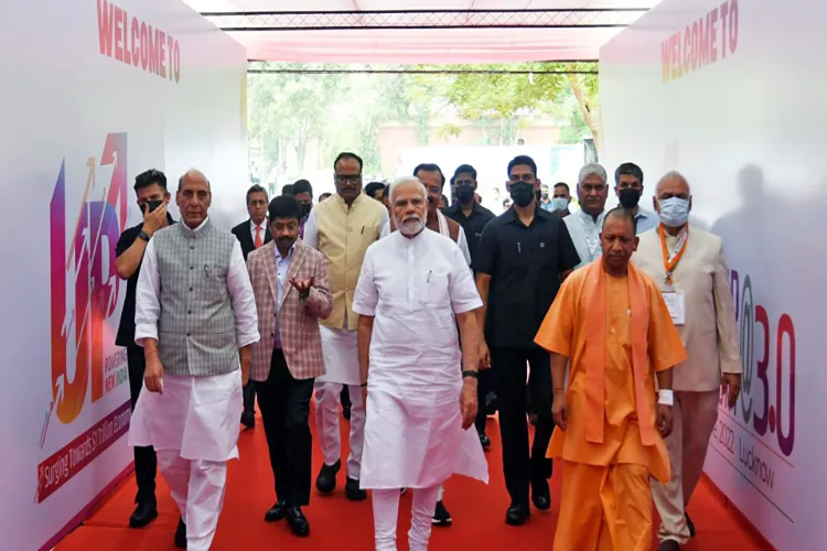 Prime Minister Narendra Modi with Defence Minister Rajnath Singh and UP Chief Minister Yogi Adityanath