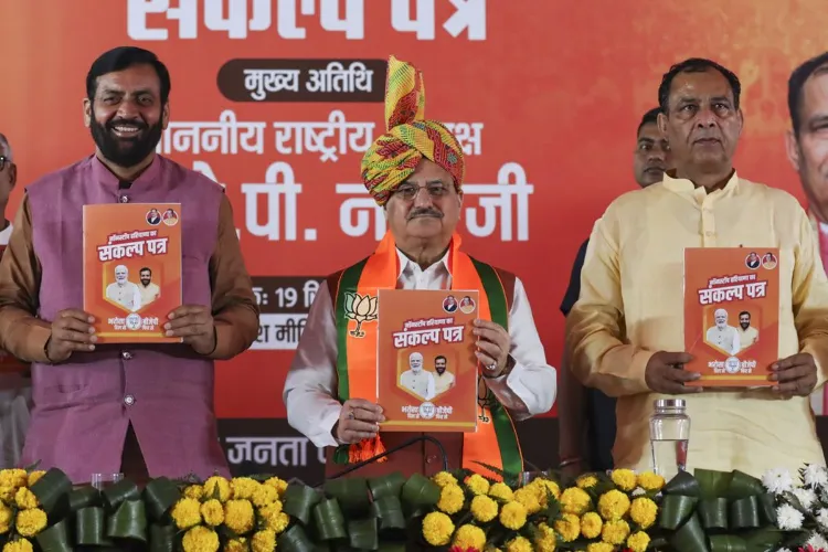 BJP National President J.P. Nadda with Haryana Chief Minister Nayab Singh Saini and State BJP President Mohan Lal Badoli released party’s manifesto for the State Assembly elections, in Rohtak, Haryana