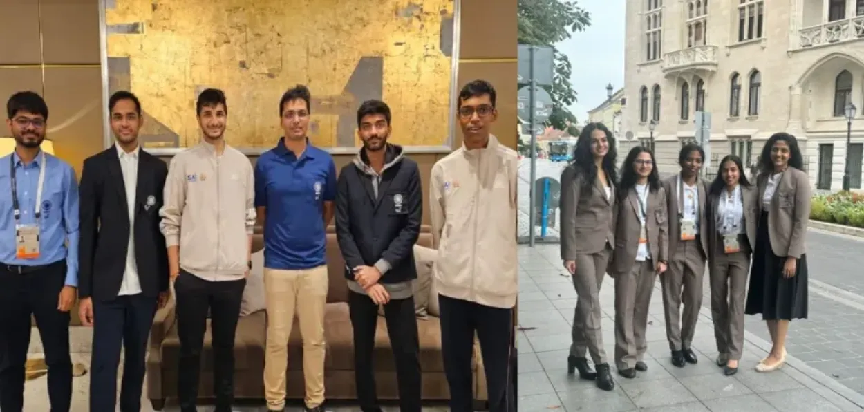 Indian men and women's teams which won gold in 45th FIDE Chess Olympiad