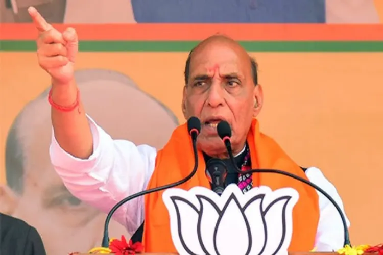 Defence Minister Rajnath Singh addressing an election rally in Rajouri, Jammu