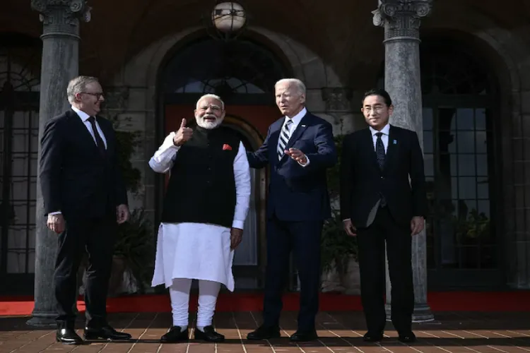 US President Joe Biden participates in a Quadrilateral Summit family photo with Australian Prime Minister Anthony Albanese, Indian Prime Minister Narendra Modi and Japanese Prime Minister Fumio Kishida