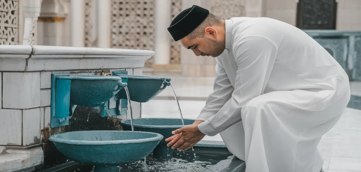 AI generated image of a Muslim man washing his limbs before prayers