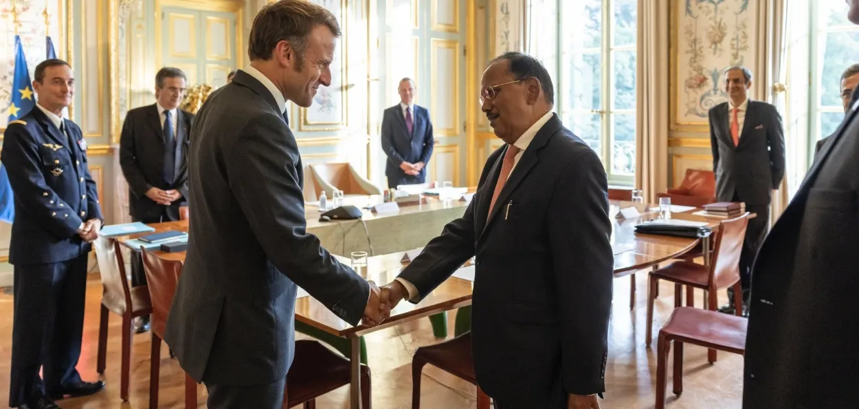 NSA Ajit Doval meeting French President Emanuel Macron in Paris