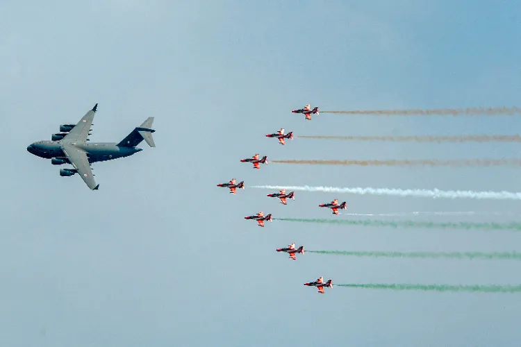 The Surya Kiran Aerobatic Team (SKAT) of the IAF performs during the rehearsal ahead of the 92nd Indian Air Force Day celebrations at Marina Beach, Chennai