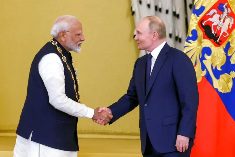 President of Russia Vladimir Putin meeting Prime Minister Narendra Modi during latter's visit to Russia