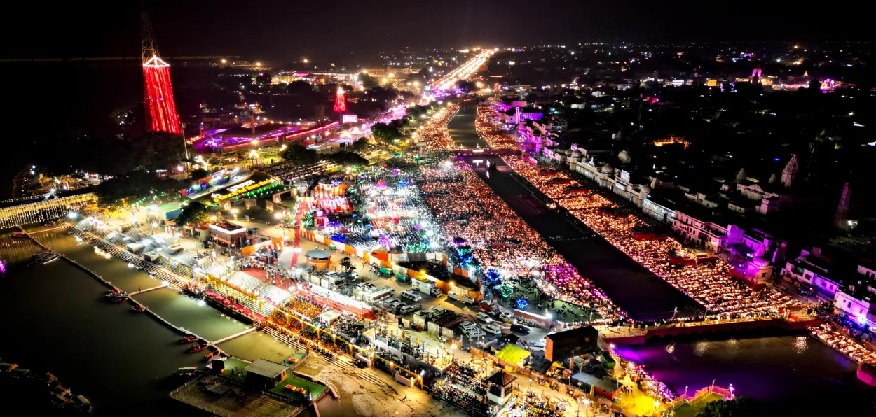 An aerial picture of Deepotsav on the banks of Saryu river in Ayodhya