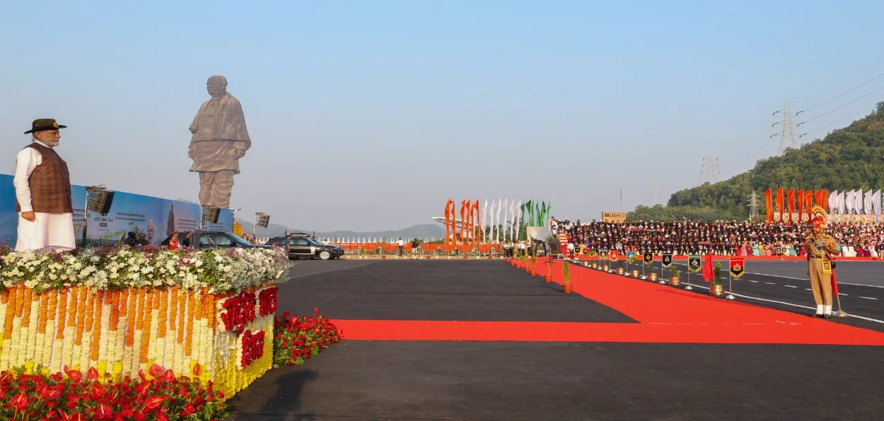 Prime Minister Narendra Modi taking salute at the formal parade on the National Unity Day at  Kevadia, Gujarat