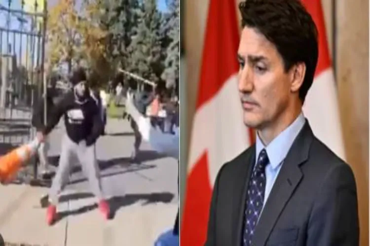 A Khalistani attacking the temple at Brompton, Justin Trudeau