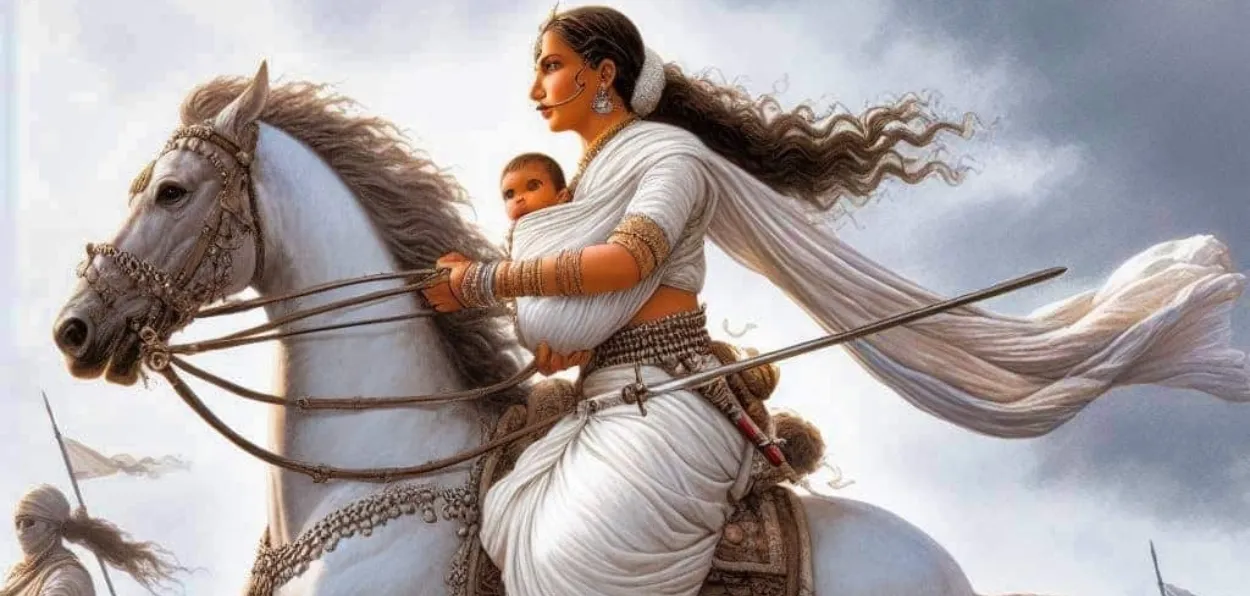 Rani Lakshmibai with her son on the battlefield (Representational image by AI)