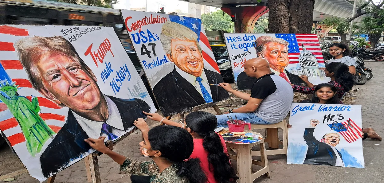 Young Indians painting on the occasion of Donald Trump winning the US Presidential elections