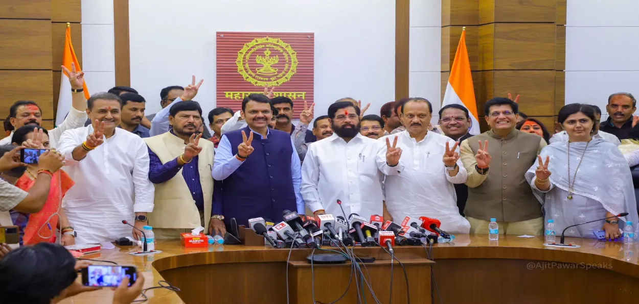 Chief Minister Eknath Shinde and Deputy Chief Minister Devender Fadnavis  celebrating the landslide victory in Maharashtra