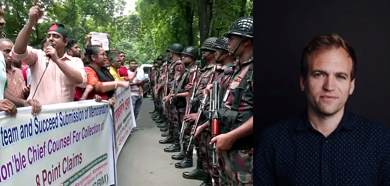 Minority members in Bangladesh protesting in Dhaka and (left) and Johnnie Moore, former Commissioner of USCIRF 