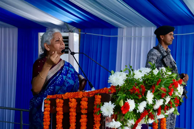 Nirmala Sitaraman addressing the audience during the Credit Outreach Programme in Madhubani, Bihar