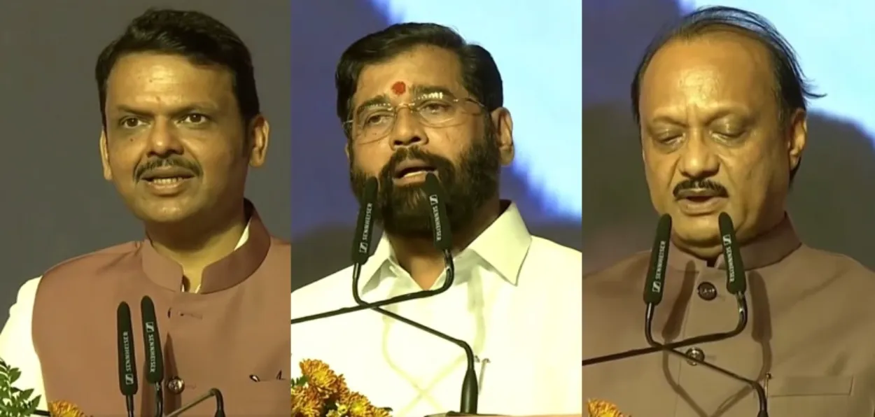 Devendra Fadnavis, Eknath Shinde and Ajit Pawar taking oath