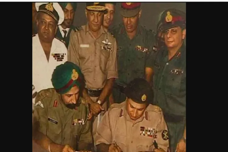 General AAK Niazi can be seen signing the instrument of surrender on December 16, 1971.