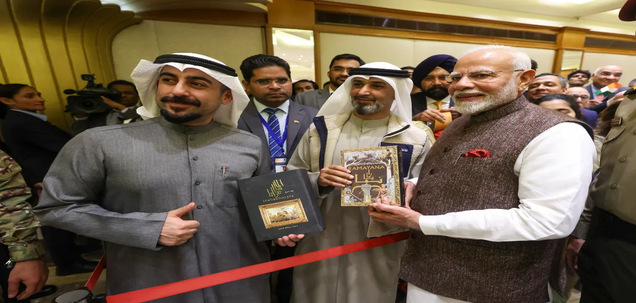 Prime Minister Narendra Modi meeting publisher Abdullateef Alnesef and translator Abdullah Baron of Ramayana and Mahabharata in Arabic.