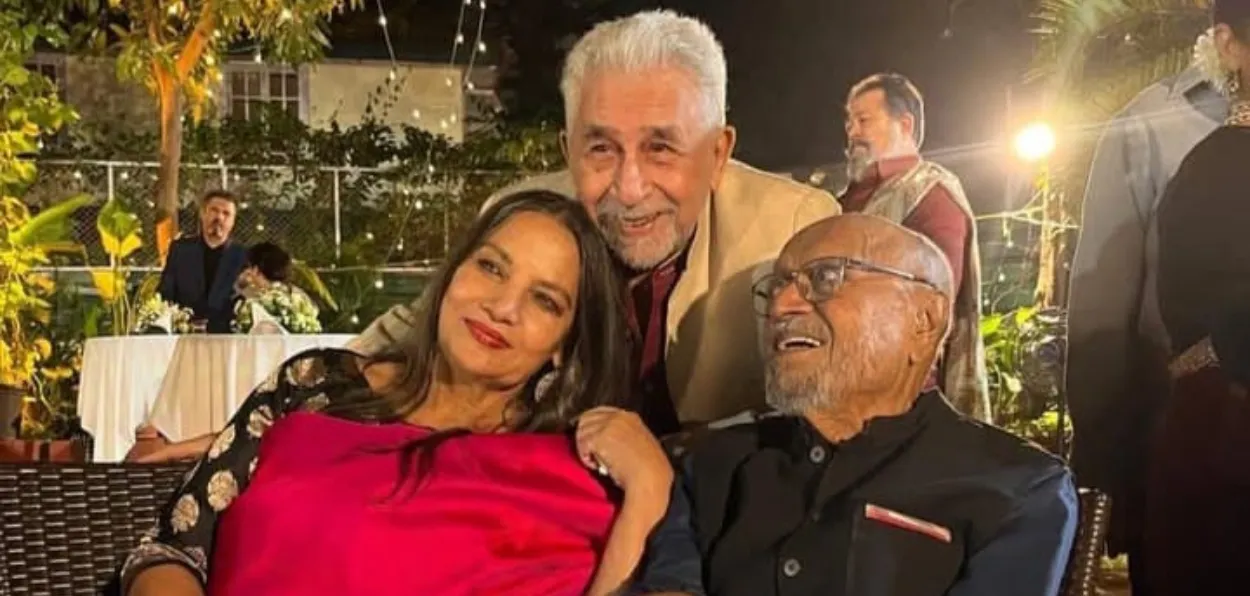 Film Director Satyajit Ray seen with actors Naseerudin Shah and Shabana Azmi on his last birthday